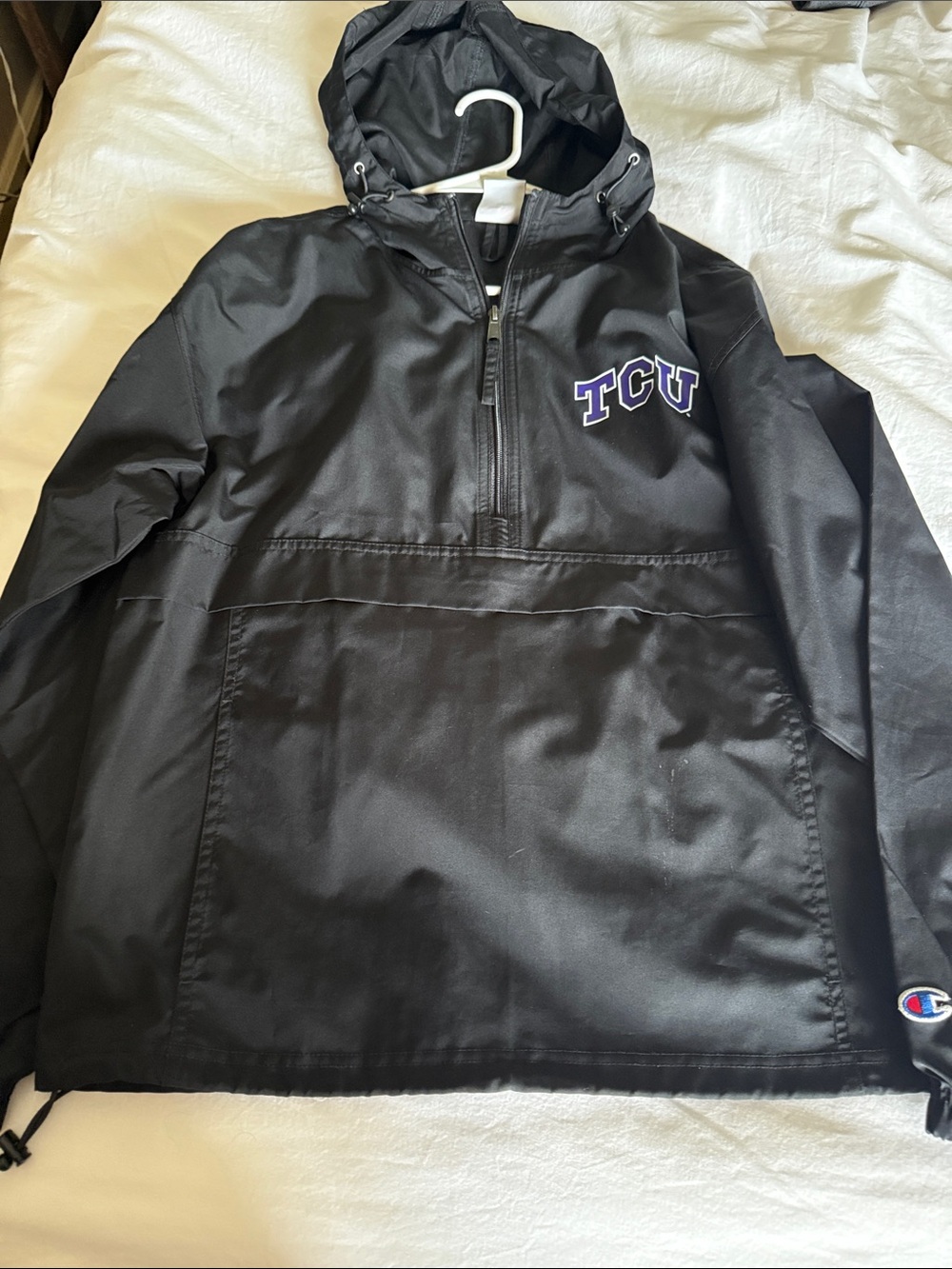 Champion Black Hoodie Jacket with Purple TCU Logo